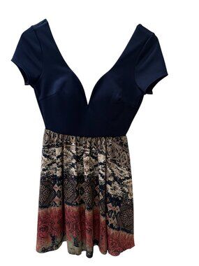 Papaya NWOT Navy Boho Skater Dress Padded Bust Tribal Print (Size Small)
